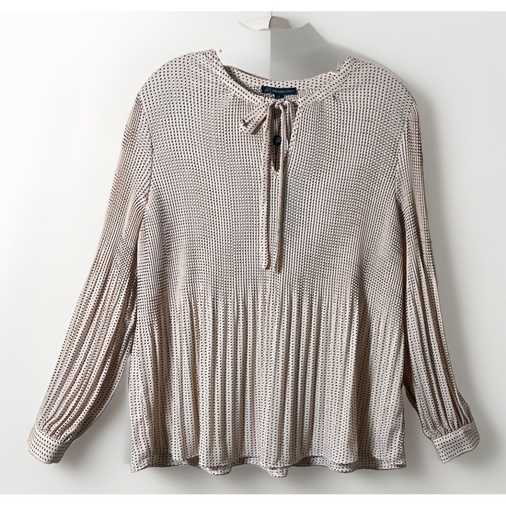 Adrianna Papell Blush Polka Dot Accordion Pleat Blouse Tie Front Chiffon Medium